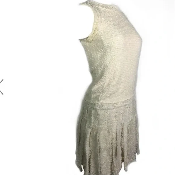 CHANEL White Tweed Fringe Sleeveless Dress Size 38